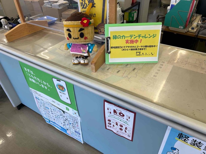 環境課の窓口で「緑のカーテンチャレンジ実施中」の案内を掲示