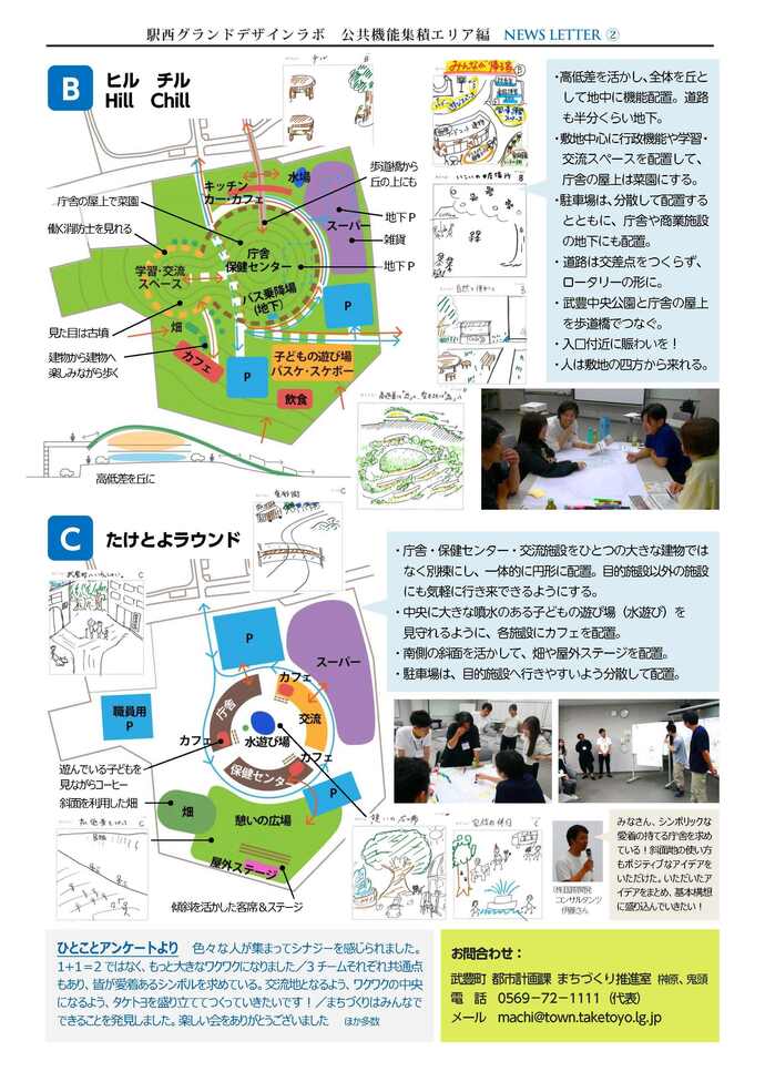 Bグループヒルチル　敷地全体を丘として緑溢れる拠点　Cグループたけとよラウンド　庁舎・保健センター・交流施設を円状に一体的に構成