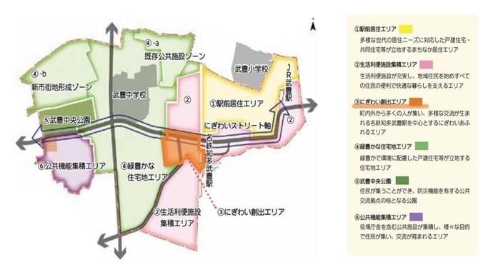 名鉄知多武豊駅西グランドデザインにおけるまちづくり構想図（にぎわい創出エリア位置図）