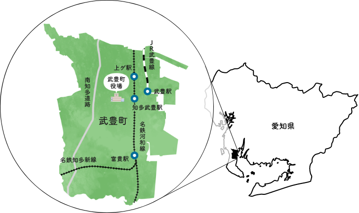 武豊町は、愛知県南部、知多半島の中央部に位置しており、JR武豊線、名鉄河和線、名鉄知多新線、南知多道路が走っている。